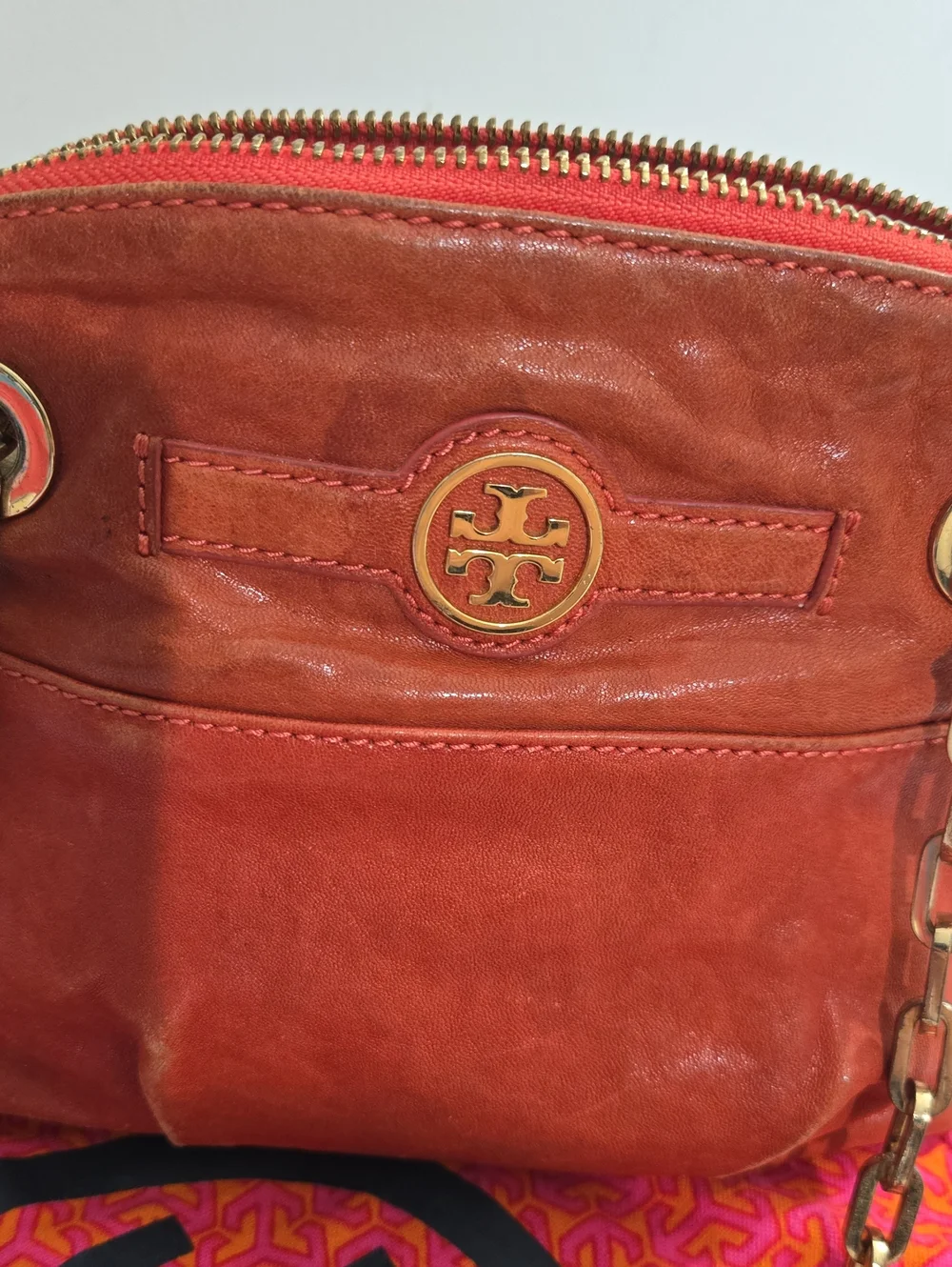 Tory Burch Orange Leather Chain-Handle Crossbody Bag